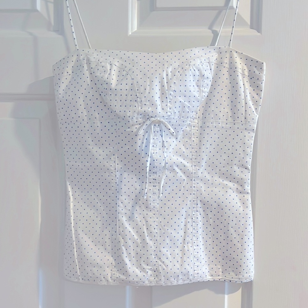 Louis Verdad, baby blue / white polka dot bustier top, Small